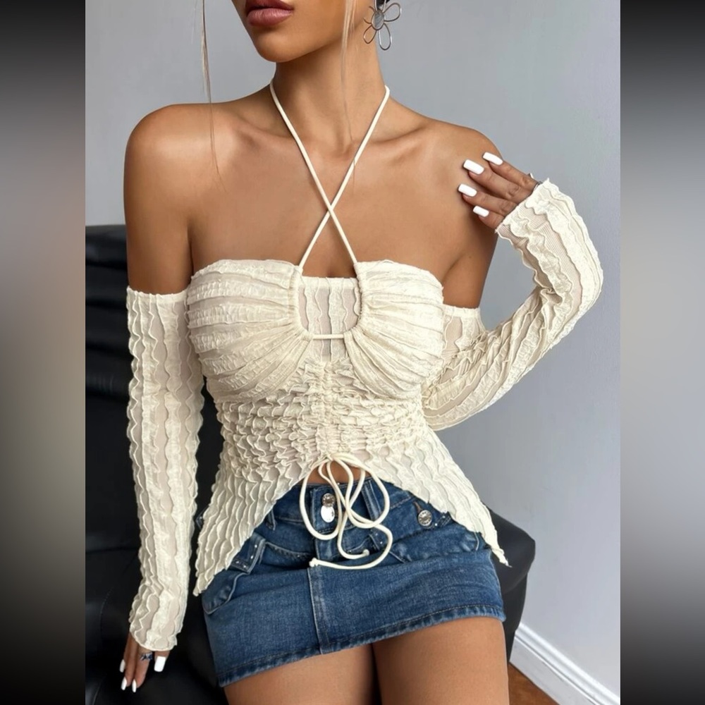 Off The Shoulder Drawstring Ruched Front Textured Top
